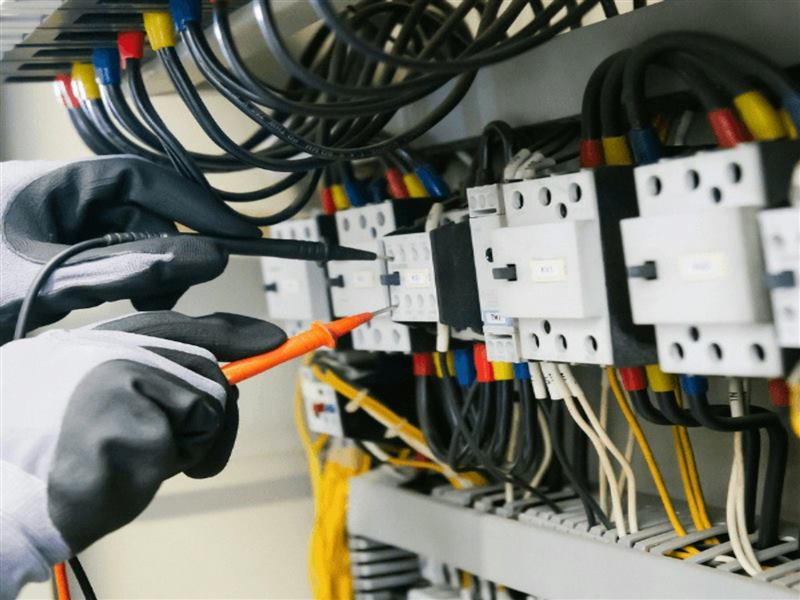 Instalator sprawdzający połączenia w szafie elektrycznej